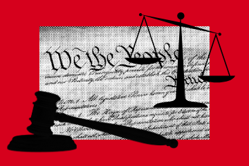 A gavel and scales of justice are silhouetted in black over a section of the U.S. Constitution’s “We the People” text, set against a bold red background.