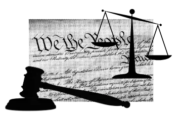 Silhouettes of a gavel and scales of justice are shown in front of a blurred image of the U.S. Constitution’s “We the People” text, symbolizing law and justice in America.