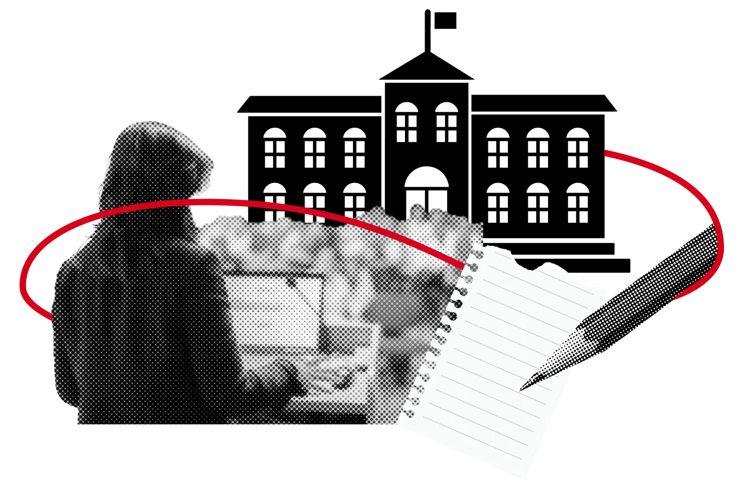 A black-and-white collage with a silhouette of a person using a laptop, a school building, a notepad, and a pen, all connected by a red curved line.
