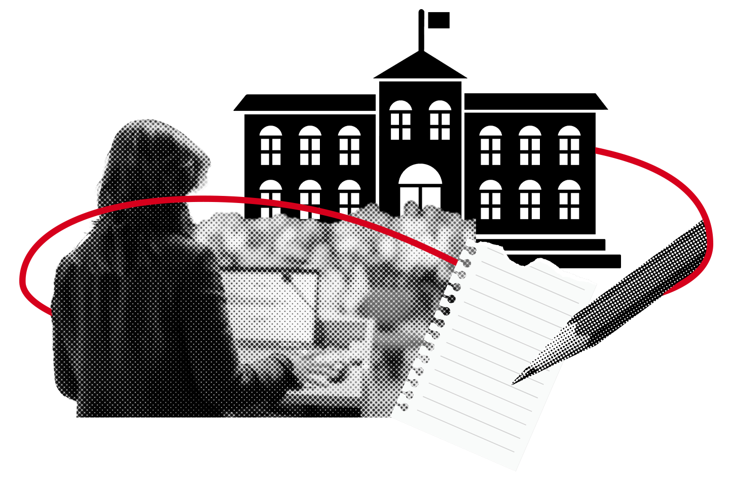 A black-and-white collage with a silhouette of a person using a laptop, a school building, a notepad, and a pen, all connected by a red curved line.