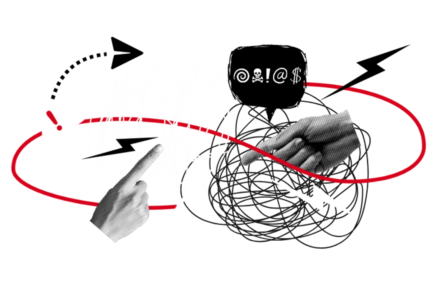 A collage with pointing hands, chaotic scribbles, red and black arrows, a warning symbol, and a speech bubble with symbols representing anger or swearing, illustrating conflict or miscommunication.