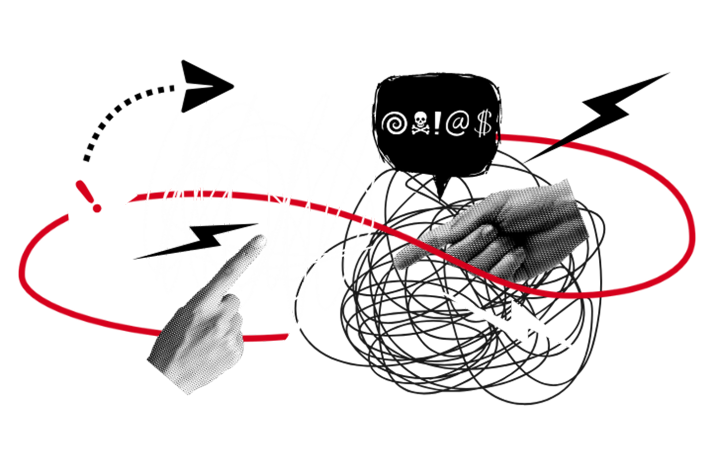 A collage with pointing hands, chaotic scribbles, red and black arrows, a warning symbol, and a speech bubble with symbols representing anger or swearing, illustrating conflict or miscommunication.