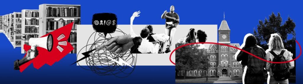 A collage shows bookshelves, a megaphone, students studying, tangled wires, a person gesturing, and two students walking toward a campus building, all on a blue background.