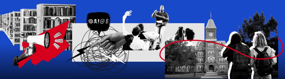 A collage shows bookshelves, a megaphone, students studying, tangled wires, a person gesturing, and two students walking toward a campus building, all on a blue background.