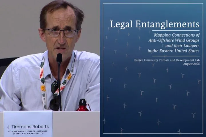 A man with glasses and a microphone speaks at a panel. Next to him is a report cover titled Legal Entanglements, about connections of anti-offshore wind groups and lawyers in the eastern U.S., from Brown University.
