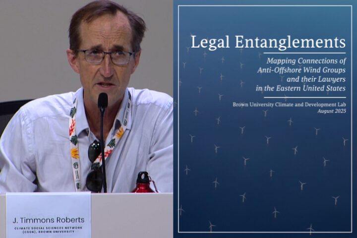 A man with glasses and a microphone speaks at a panel. Next to him is a report cover titled Legal Entanglements, about connections of anti-offshore wind groups and lawyers in the eastern U.S., from Brown University.