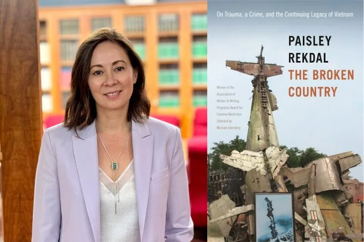 A woman with shoulder-length brown hair in a lavender blazer stands beside the cover of the book The Broken Country by Paisley Rekdal, which features a wrecked airplane and debris. Bookshelves are visible in the background.
