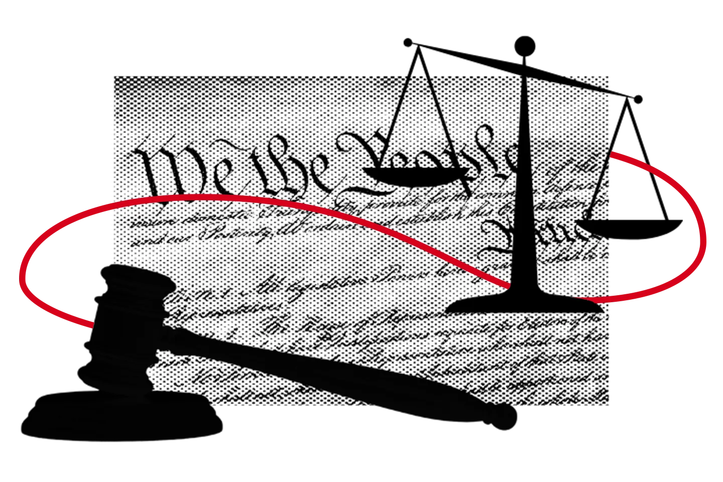 A gavel and scales of justice are shown in silhouette over a portion of the U.S. Constitutions We the People text, with a red curved line crossing the image.