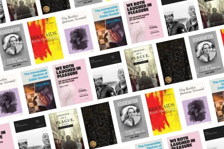 A patterned collage of various book covers featuring titles about HIV and AIDS, including “KoolAid,” “Edgewise,” and “We Both Laughed in Pleasure,” arranged diagonally against a white background.